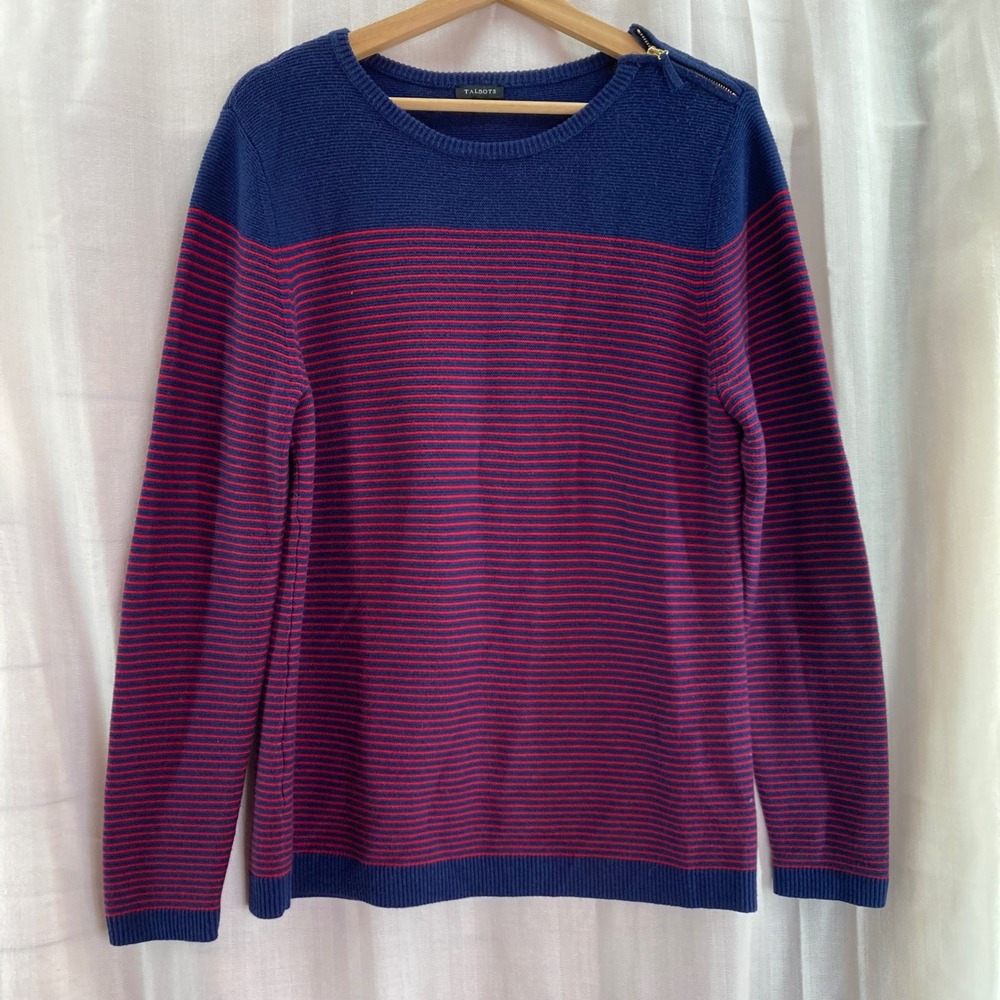 Talbots Women's Sweater‎ Blue Red Striped Crew Neck Cotton Blend Gold Zipper